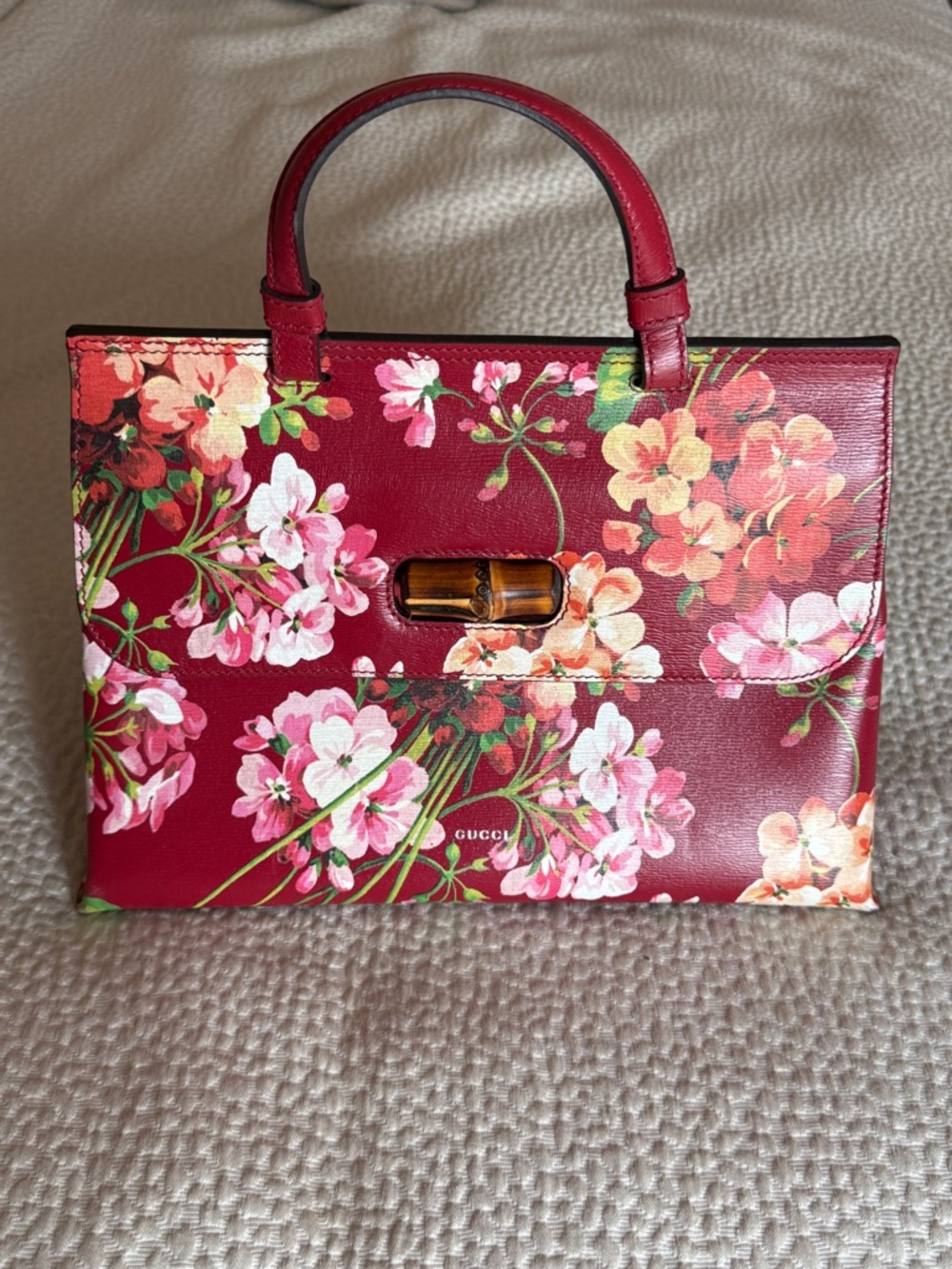 Gucci Floral Red Top Handle Satchel with Bamboo Accent